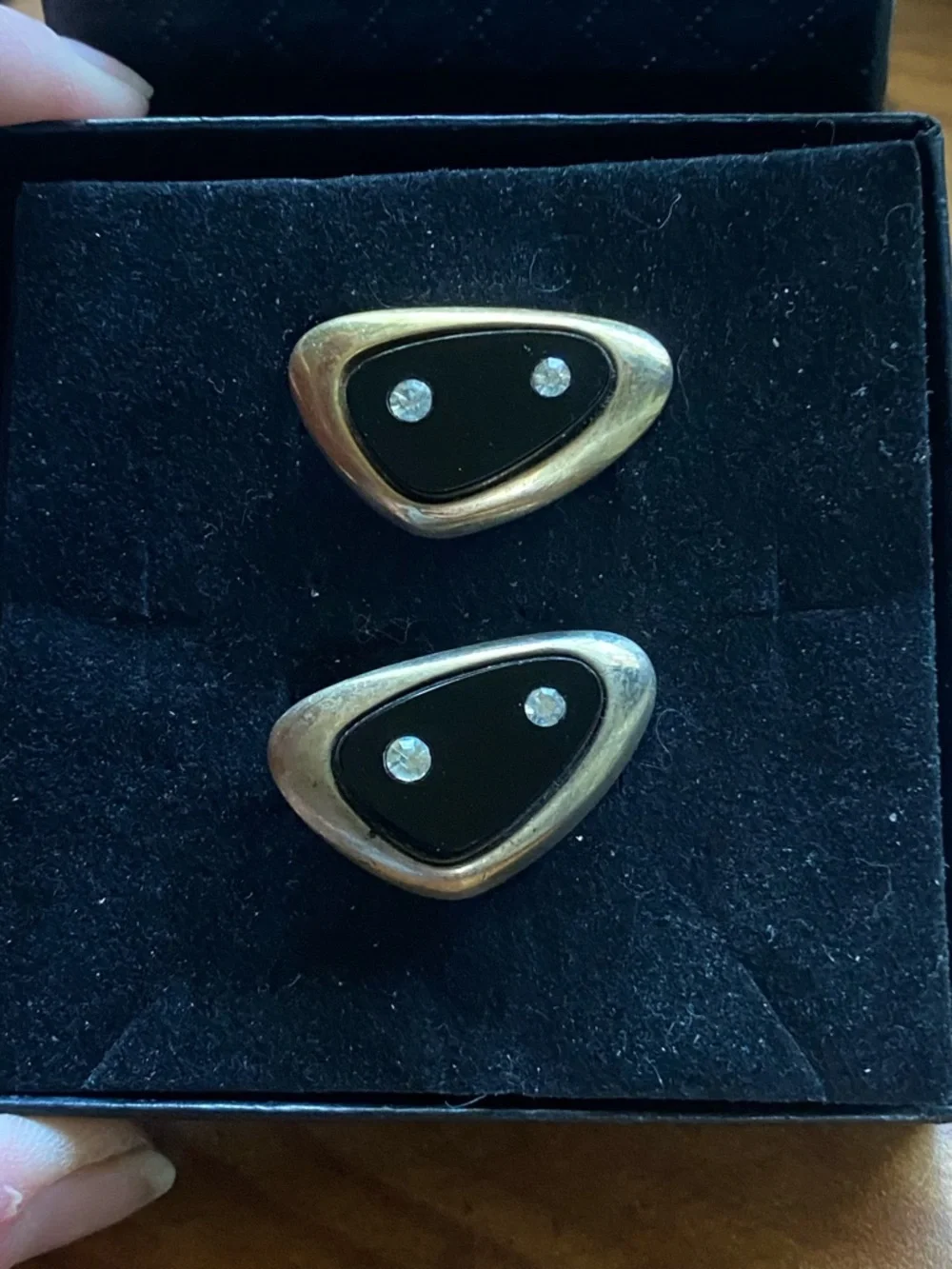 Sarah Coventry Gold Tone Black Enamel Cuff Links Clear Rhinestones “Atomic”